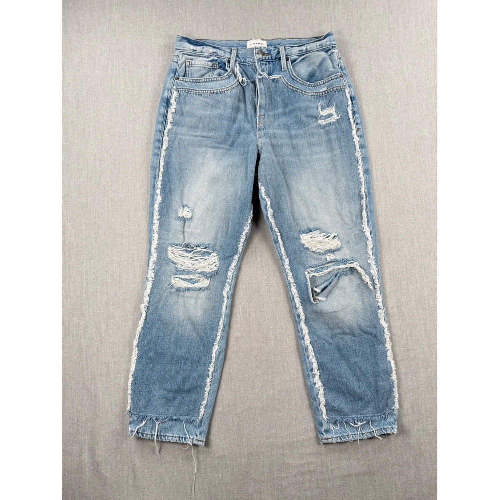 FRAME Deconstructed Frayed Seam Distressed Straight Leg Jeans Light Wash Blue 31